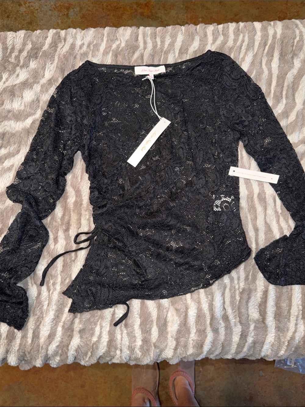 Lisa Says Gah Black Lace Wrap Tie-Side Blouse